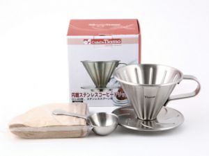 【Tiamo/ティアモ】円錐ステンレスドリッパー 1～2人用 メジャーカップ、ロシ40枚入り HG5033