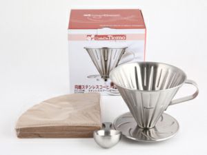 【販売終了】【Tiamo/ティアモ】円錐ステンレスドリッパー 2～4人用 メジャーカップ、ロシ40枚入り HG5034